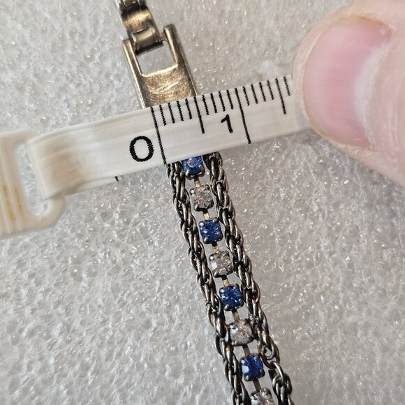 Vintage Silver Tone Tennis Chain Bracelet Blue Clear Rhinestones 7" Signed - Picture 9 of 10